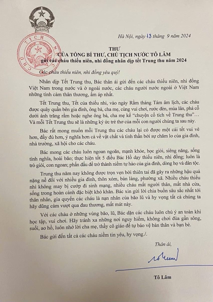 Tổng Bí thư, Chủ tịch nước Tô Lâm gửi Thư chúc Tết Trung thu cho các cháu thiếu niên, nhi đồng cả nước.