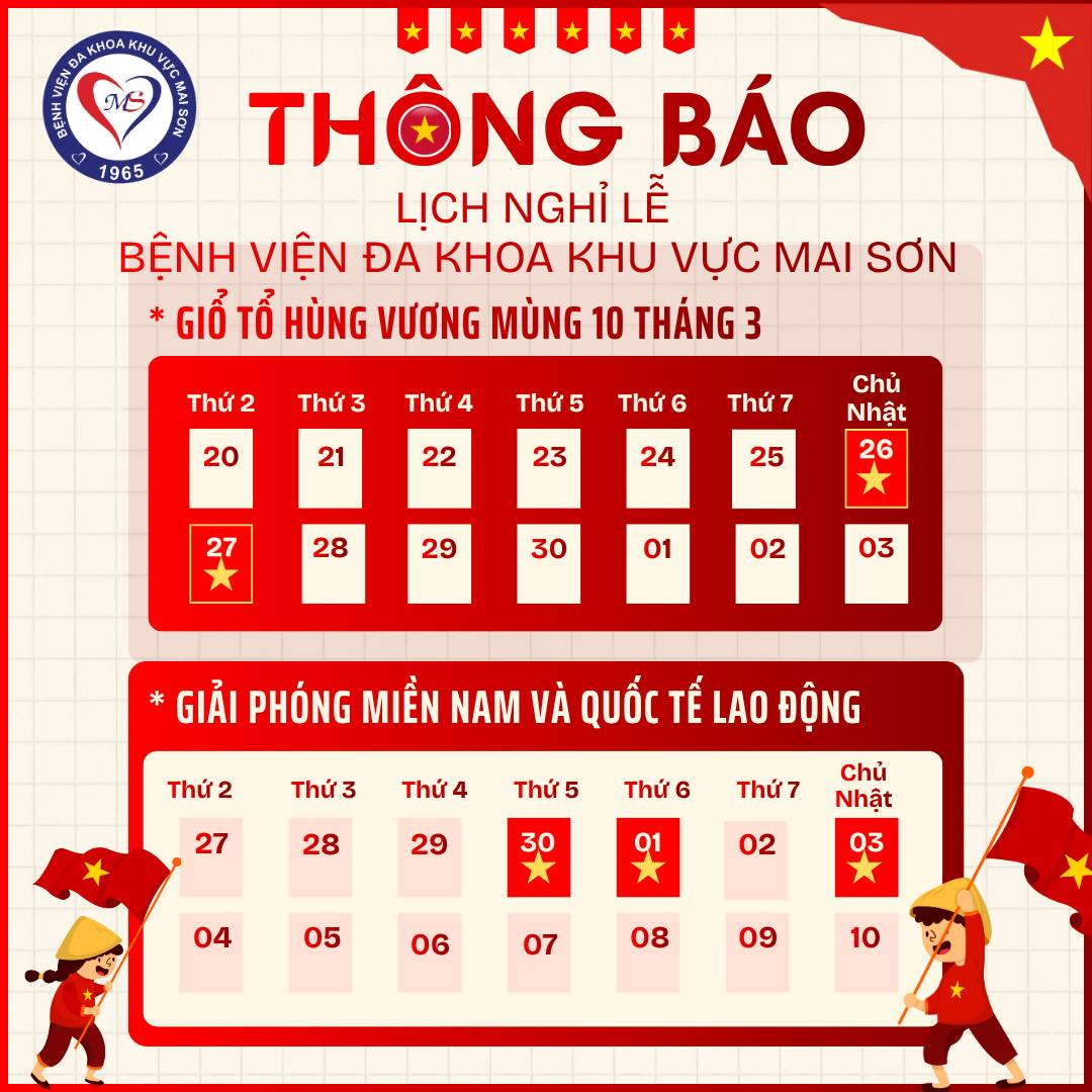 THÔNG BÁO LỊCH NGHỈ LỄ GIỖ TỔ HÙNG VƯƠNG VÀ NGÀY GIẢI PHÒNG MIỀN NAM VÀ QUỐC TẾ LAO ĐỘNG CỦA BỆNH VIỆN ĐKKV MAI SƠN
